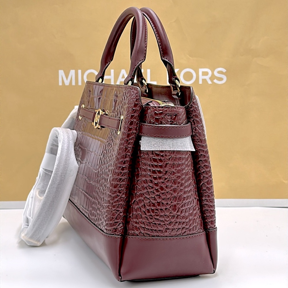 NWT MICHAEL MICHAEL KORS Reed
Large Croc-Embossed Leather Belted
Satchel Oxblood - Picture 5 of 16